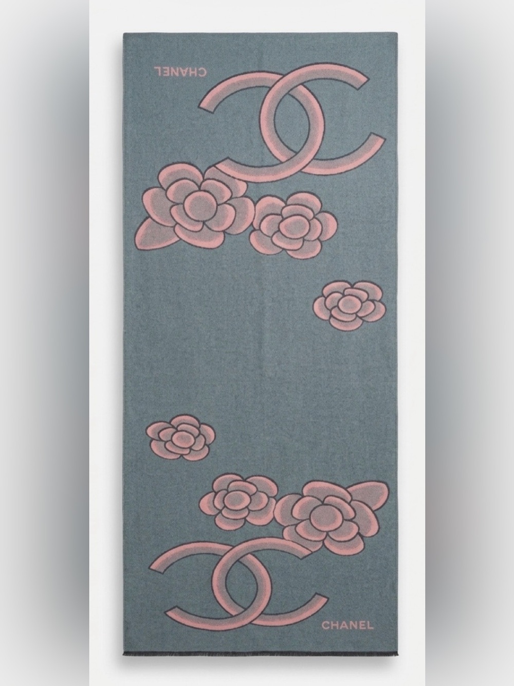 Vintage Chanel Cashmere/Silk Blend CC Logo Camellia Wrap in Grey/Pink 72”x26” - Picture 2 of 15